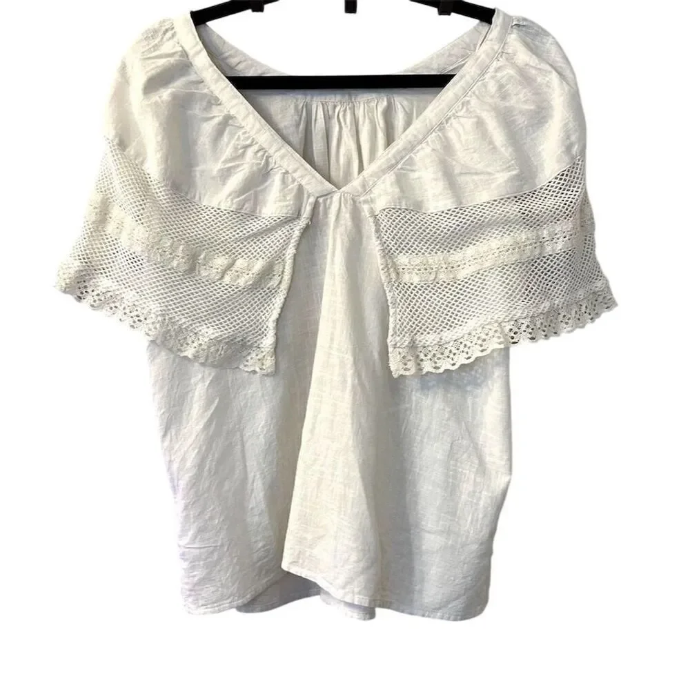 Old Navy Ivory Lace Flutter Sleeve Blouse L Casual Top Spring Summer - Picture 3 of 8